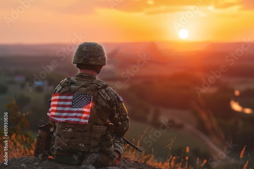 Illustration for Independence Day of the United States, July 4th - Soldiers with American flag under a beautiful sun. Generative AI. Beautiful simple AI generated image in 4K, unique.