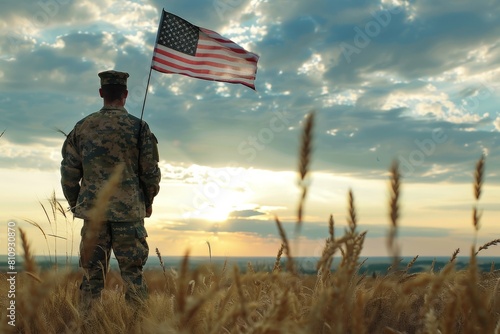 Illustration for Independence Day of the United States, July 4th - Soldier with American flag under a beautiful sun. Generative AI. Beautiful simple AI generated image in 4K, unique.