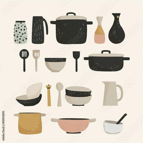 Wabi sabi kitchenware flat design front view functional simplicity theme cartoon drawing Complementary Color Scheme