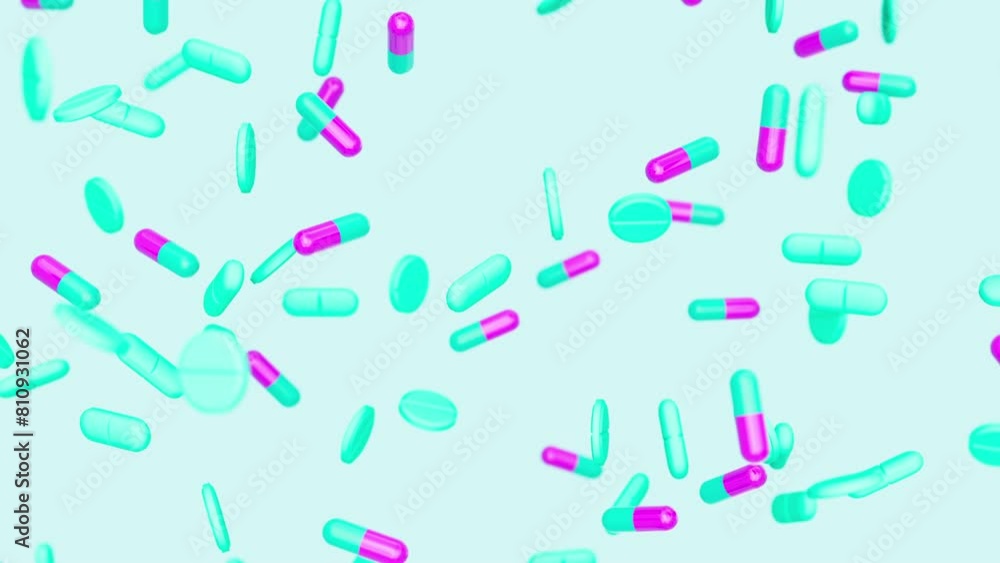 Cyan violet capsules, tablets and pills slowly fall against backdrop. Drugs, pills, tablets, medicine concept. 3d render animation loopable Cyan violet capsules, tablets and pills slowly fall against backdrop. Drugs, pills, tablets, medicine concept. 3d render animation loopable