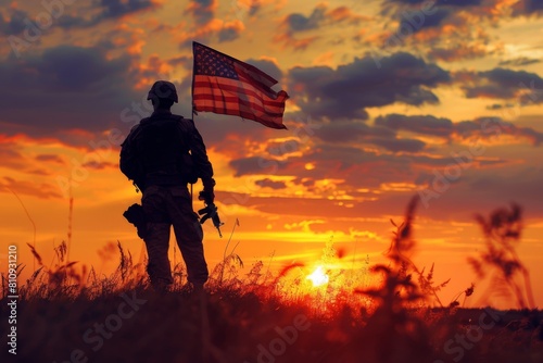 Illustration for Independence Day of the United States, July 4th - Soldier with American flag under a beautiful sun. Generative AI. Beautiful simple AI generated image in 4K, unique.