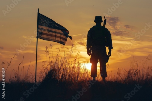 Illustration for Independence Day of the United States, July 4th - Soldiers with American flag under a beautiful sun. Generative AI. Beautiful simple AI generated image in 4K, unique. photo