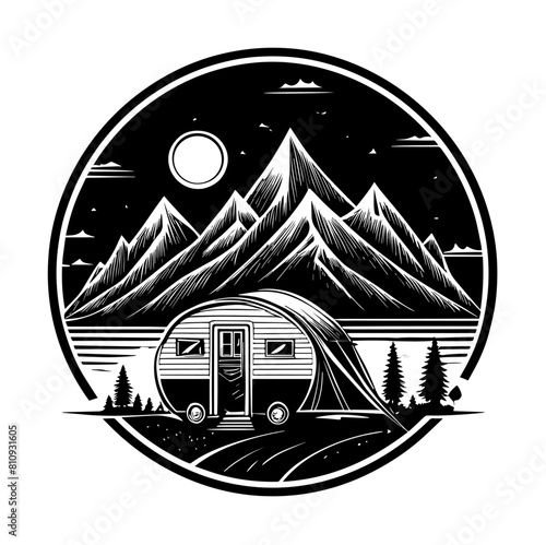Logo de camping illustration en noir et blanc