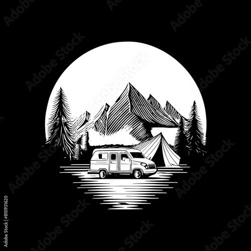 Logo de camping illustration en noir et blanc photo