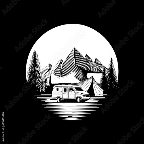 Logo de camping illustration en noir et blanc