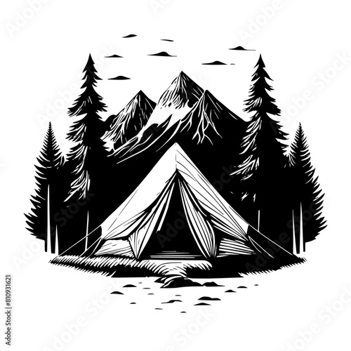 Logo de camping illustration en noir et blanc