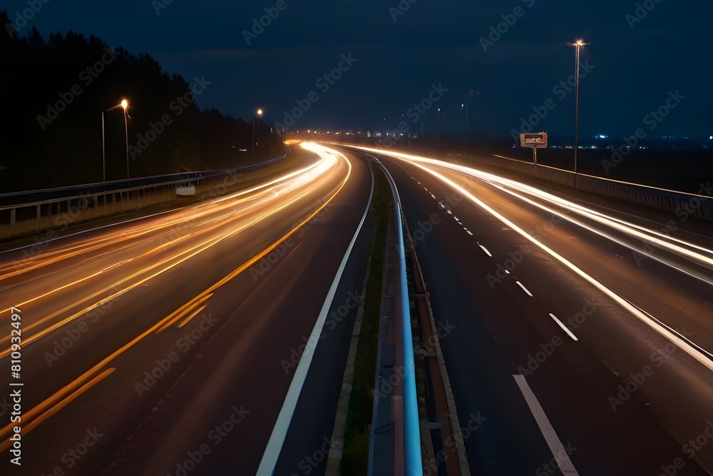 Moving car lights on highway at night long Generative AI 