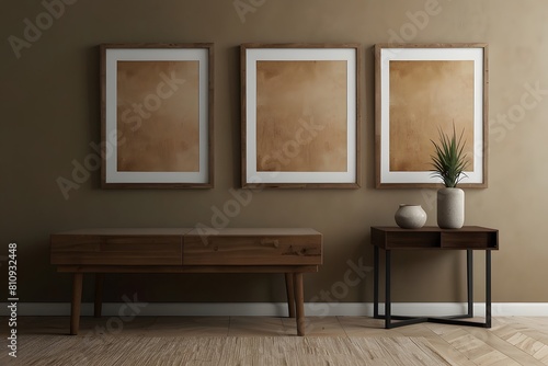 3 blank wall art mockup  close-up  vertical blank mockup brown wall theme