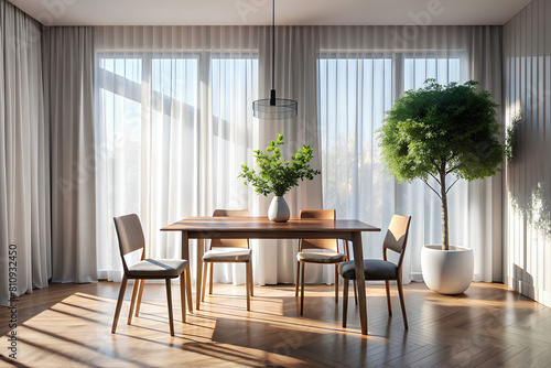 Modern  minimal wooden dining table and chair in sunlight from window with sheer curtain on white wall dining room