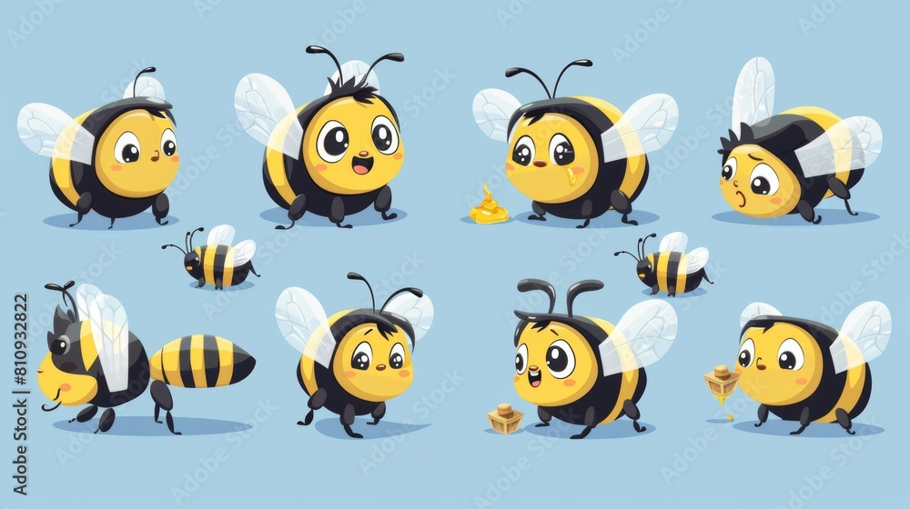This is a cute baby bumblebee mascot cartoon set. Happy bumblebee character for a child's book. Farm insect holding honey. Busy bumblebee with sting emotion illustration. This is a cute baby bumblebee mascot cartoon set. Happy bumblebee character for a child's book. Farm insect holding honey. Busy bumblebee with sting emotion illustration.
