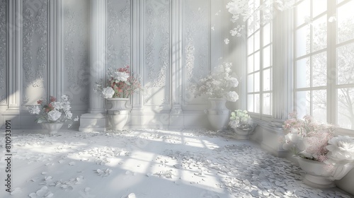Minimalist European Room with Flower-Filled Vases and Falling Petals in Cinematic Light