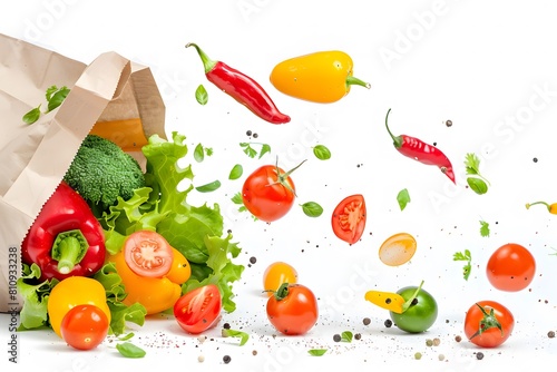 Vegetables in a paper bag and flying vegetables around the bag on a white background.