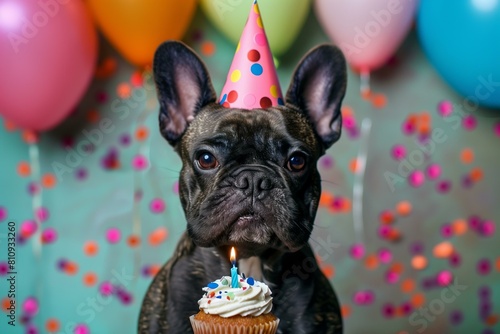 french bulldog wearing a party hat with a cupcake with one candle  confetti  solid color background  fun dog birthday