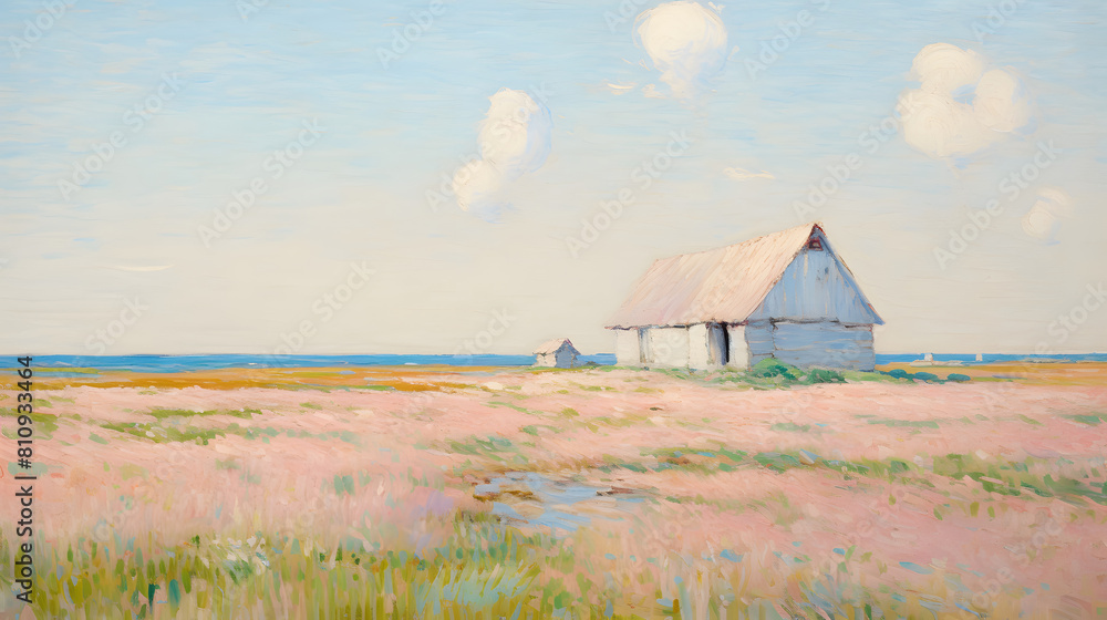 pink wheat fields field cottages abstract decorative painting