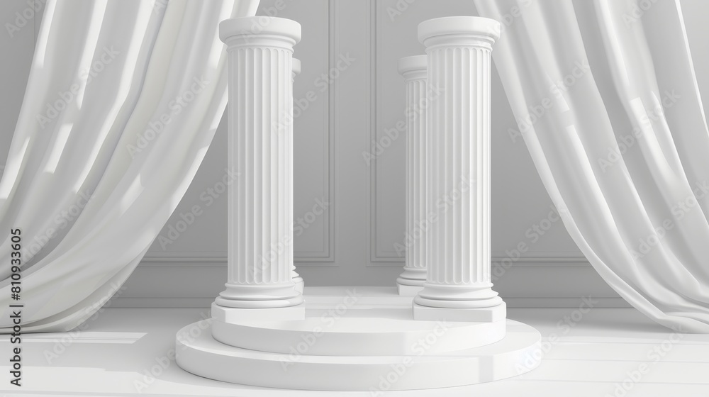 Museum pedestal. Empty greek stand for product display to exhibit. Greek pillar cylinder design with 3D white columns. Realistic presentation geometric interior for stores. Museum pedestal. Empty greek stand for product display to exhibit. Greek pillar cylinder design with 3D white columns. Realistic presentation geometric interior for stores.