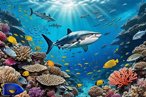 Vibrant Underwater Ecosystem with Shark and Tropical Fish Amidst Colourful Corals