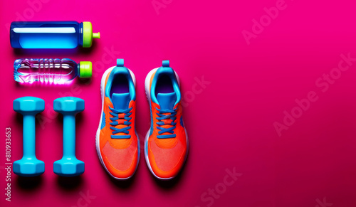 Vibrant Fitness Gear: Sneakers and Dumbbells on Pink Background