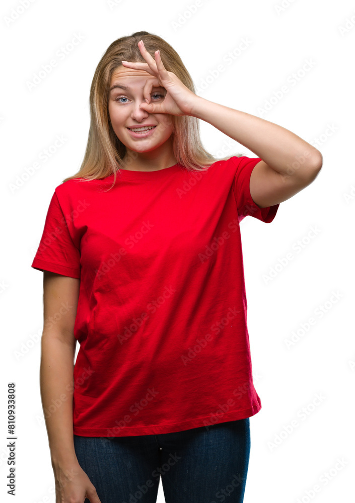 Young caucasian woman over isolated background doing ok gesture with hand smiling, eye looking through fingers with happy face. Young caucasian woman over isolated background doing ok gesture with hand smiling, eye looking through fingers with happy face.