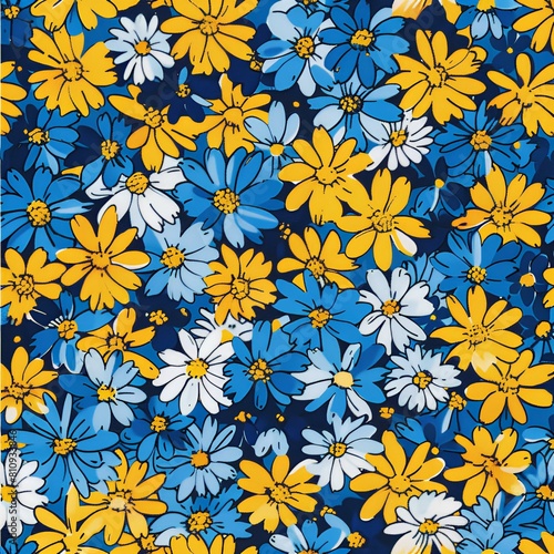 Floral wallpaper design with daisies of blue and yellow color   fabric print . Graphical illustration  AI generation