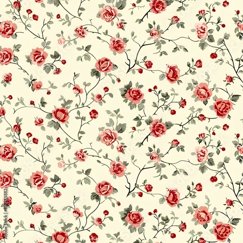 Floral wallpaper design with roses , fabric print . Graphical illustration, AI generation