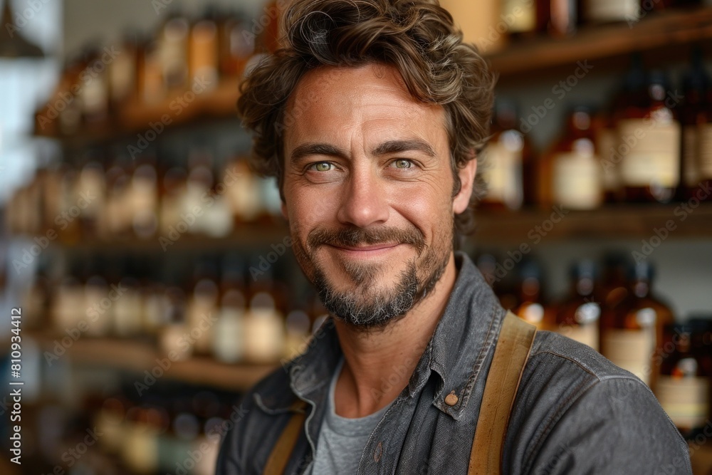 Smiling male artisan with a beard in a workshop, wearing a work apron, with blurred shelves of bottles in the background creating a cozy atmosphere Smiling male artisan with a beard in a workshop, wearing a work apron, with blurred shelves of bottles in the background creating a cozy atmosphere
