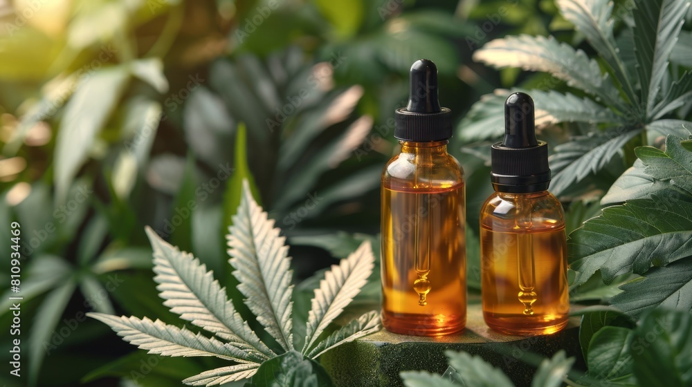 glass dropper bottles of hemp oil next to green hemp leaves, promoting natural wellness with space for text, ideal for marketing purposes glass dropper bottles of hemp oil next to green hemp leaves, promoting natural wellness with space for text, ideal for marketing purposes