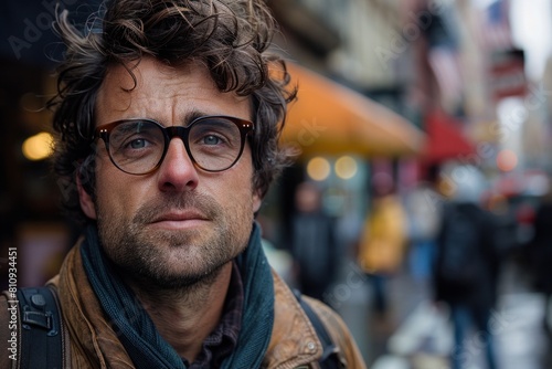 Reflective urban portrait of a pensive man with disheveled hair and glasses in a busy city setting, showcasing candid moments of city life photo