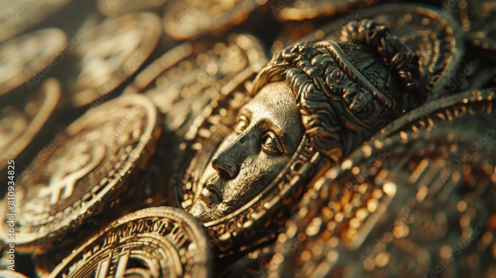 A pile of gold coins with a woman's face in the middle A pile of gold coins with a woman's face in the middle