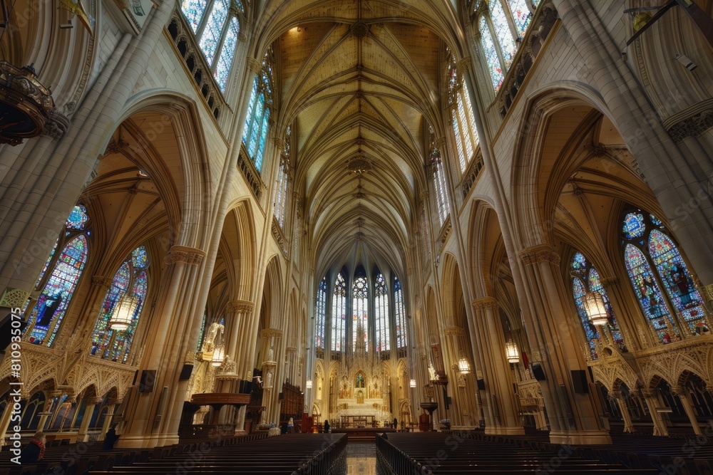 Inside the Grand Cathedral With Stained Glass Windows