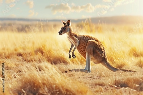 Kangaroo Grazing in Dry Grass Field