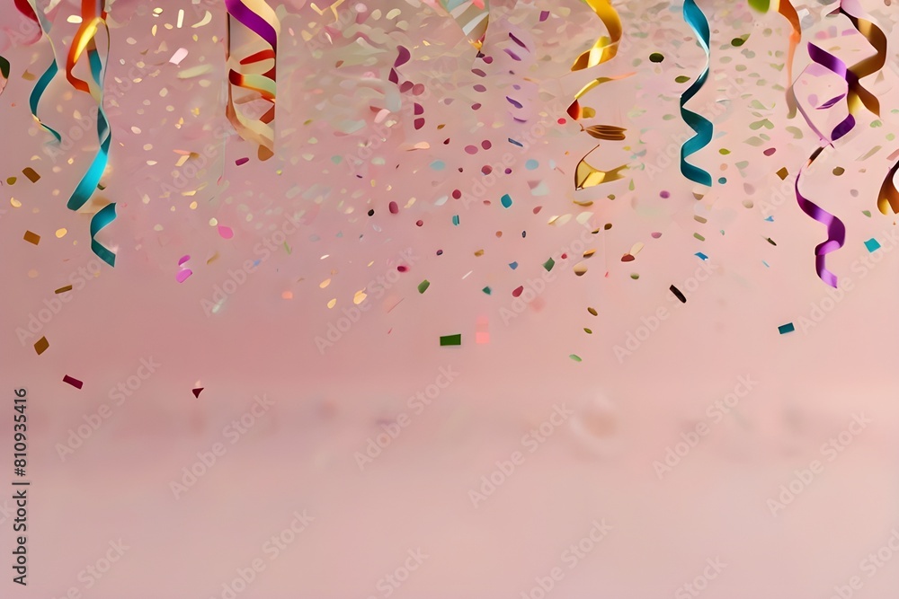 Birthday, party, celebration, New Year or Christmas celebration concept. Multicolored confetti falling against pastel colored pink background Generative AI