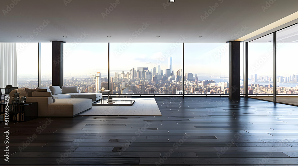 A modern and minimalist living room with dark wooden floors, large windows showing the cityscape outside