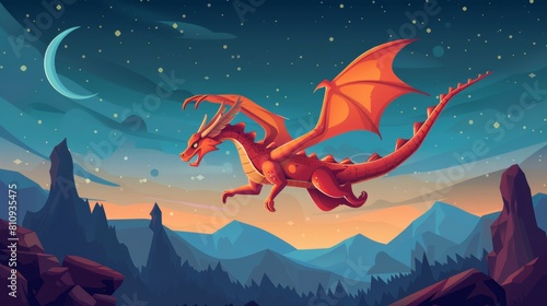 An ancient reptile animal with sharp teeth, wings and tail flying against a night mountain background. Illustration of rocky stone landscape, a starry night sky, and a storybook adventure with flying photo