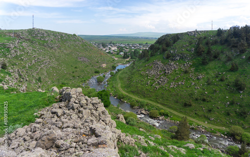 View of village, river and canyon from the megalithic wall of the fortress. Ktsia, Avranlo, Georgia
