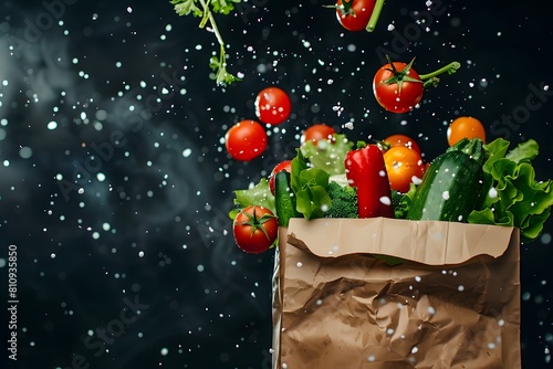Vegetables in a paper bag and flying vegetables around the bag on a black background.