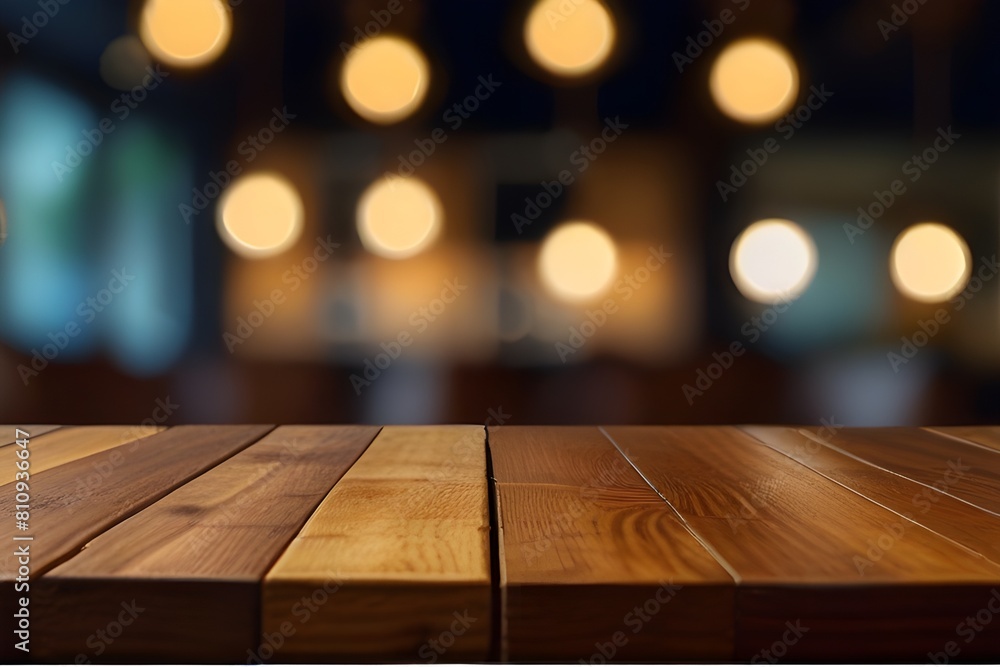 Empty wood table top on blur light gold bokeh of cafe restaurant in dark background Generative AI 