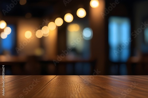 Empty wood table top on blur light gold bokeh of cafe restaurant in dark background Generative AI  © Azhar