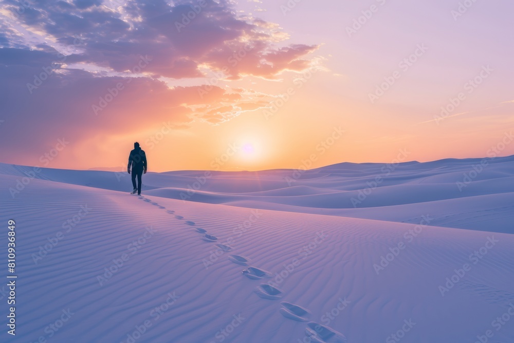 silhouette of a person in black clothes walking away on sand dunes in desert at sunrise or sunset in dreamy lilac color. Philosophy, own way, path and traces, loneliness.