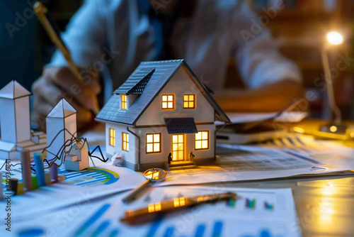 A realistic portrayal of a real estate market analysis session, with experts examining illuminated reports and graphs on property trends, highlighting investment returns and sector growth strat photo