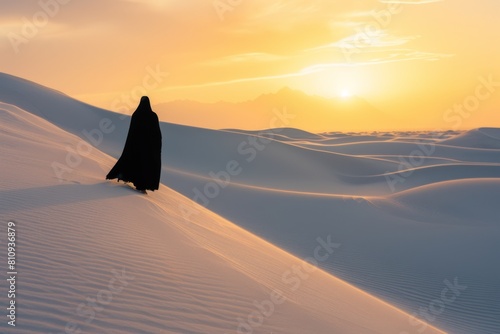 minimal silhouette of a person in long black hood clothes walking away on sand dunes in desert at sunrise or sunset. Philosophy  own way  path and traces  loneliness.