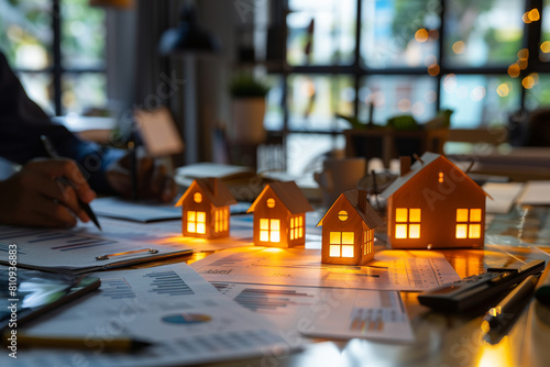 A realistic portrayal of a real estate market analysis session, with experts examining illuminated reports and graphs on property trends, highlighting investment returns and sector growth strat photo