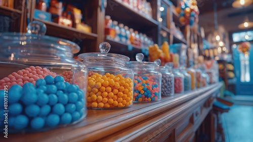 Various candy types fill the shelves of jars in the store