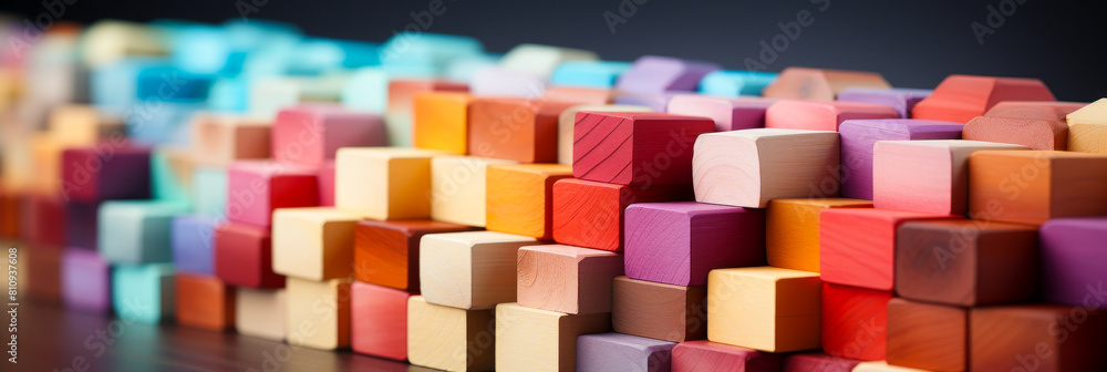 Colorful Stacked Wood Blocks Arranged in Rising Spectrum - Creative Diversity Concept, Shallow Depth of Field