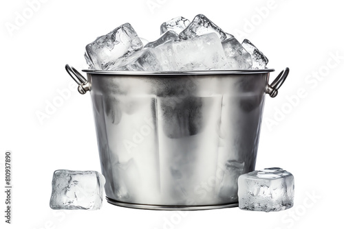 A silver bucket full of ice cubes on a black background.
