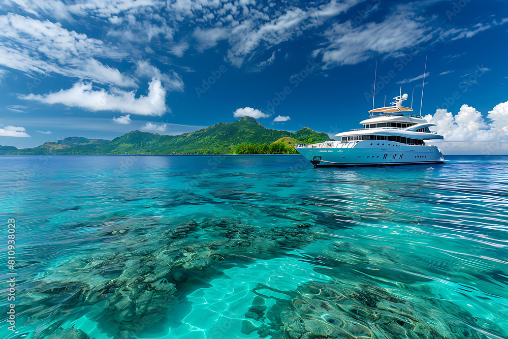 Luxury cruise boat with tropical Seychelles island