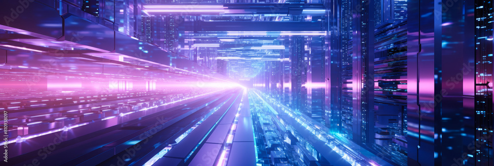 Futuristic Data Center Corridor Illuminated in Blue and Pink Neon Lights, High-Performance Computing