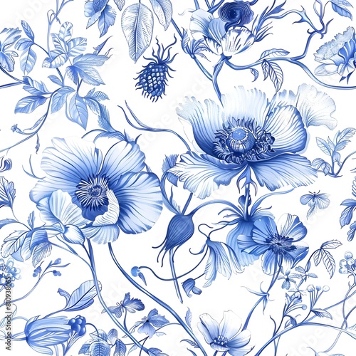 flower pencil sketch  in the style of dark white and blue tile seamless background