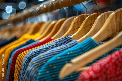 colorful clothes choice of casual clothes on wooden hangers