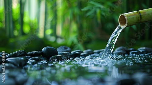 Immerse yourself in the serenity of nature with this peaceful garden scene featuring a bamboo fountain delicately crafted to evoke a sense of tranquility photo