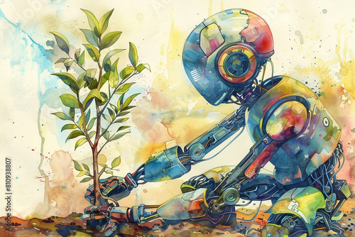 Wallpaper Mural A robot tenderly planting a tree its mechanical hand nurturing new life in vibrant watercolor Torontodigital.ca